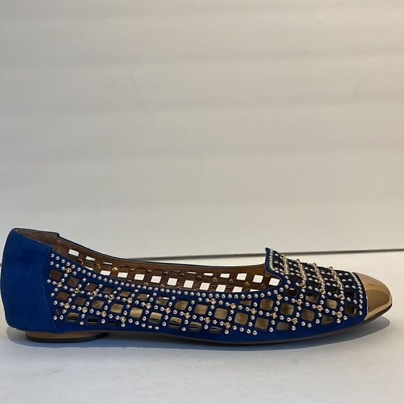 Pazzion Blue Suede Lambskin Gold Stud Embellishment & Gold Metal Toe Flats SZ 41 - Picture 3 of 15
